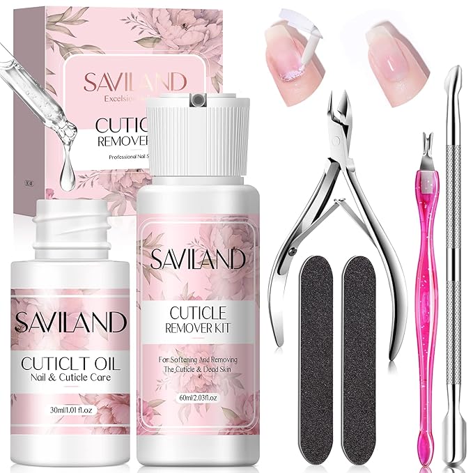SAVILAND Cuticle Remover and Cuticle Oil Kit – Castor Oil & Vitamin E Clear Builder Nail Gel Cuticle Remover Liquid & 1.01 oz Cuticle Oil Cuticle Trimmer for Cuticle Softener & Moisturize