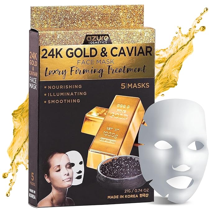 Azure Cosmetics 24K Gold and Caviar Anti Aging Luxury Face Mask - Hydrating & Firming Facial Mask - Helps Reduce Wrinkles & Fine Lines - With Hyaluronic Acid & Collagen - Made in Korea - Pack of 5