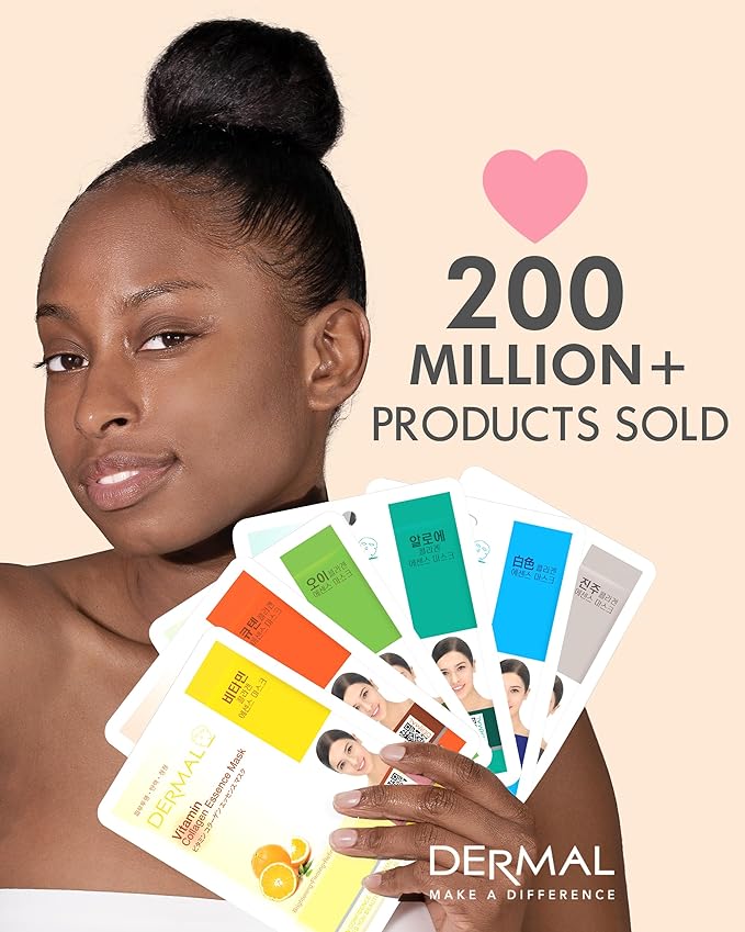 DERMAL Rose Collagen Essence Korean Facial Mask Sheet Pack of 10 - Reviving Tired Skin, Soothing & Hydrating - Hypoallergenic Skin Friendly Sheet