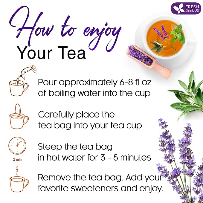 FreshDrinkUS, Premium 135 Tea Bags Lavender Mint Tea, 100% Natural, Blend of Lavender, Peppermint, Sage and Licorice. Made with Natural Material Tea Bags. No Sugar, No Caffeine, Vegan.