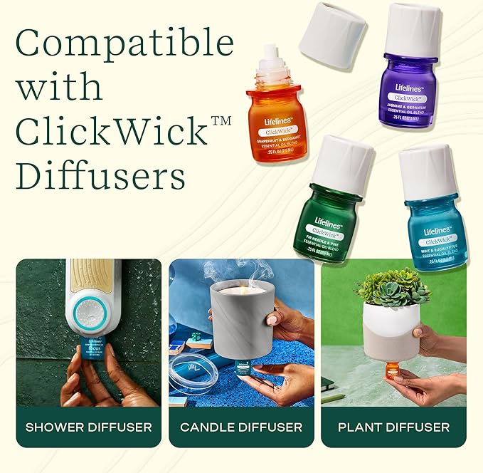 ClickWick Essential Oil Blends for Lifelines Diffusers, 4-Pack Discovery Set - Essential Oil Blend Refill for Candle, Plant & Shower Aromatherapy Diffuser - Fragrance for Diffusers