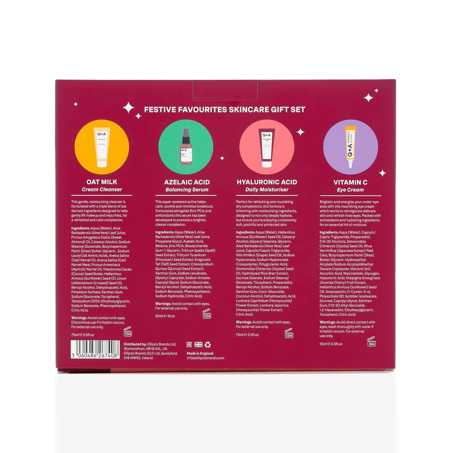 Q+A Festive Favourites Gift Set, containing a Hyaluronic Acid Moisturiser (75ml), an Oat Milk Cream Cleanser (75ml), an Azelaic Acid Serum (30ml), and a Caffeine Eye Serum (15ml)