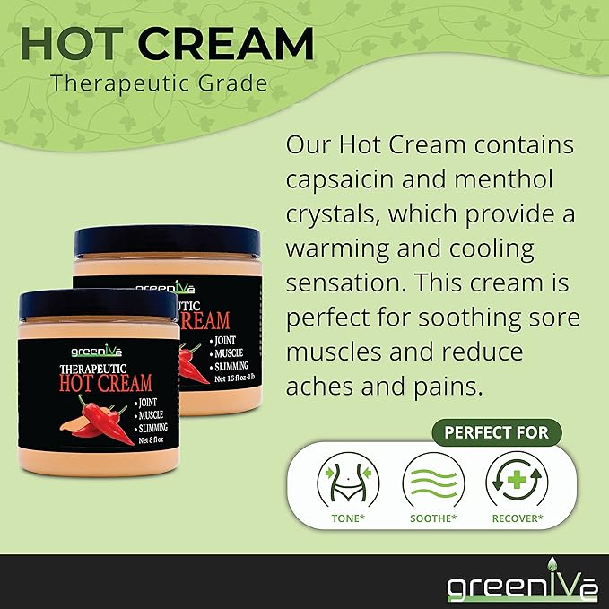 GreenIVe Hot Cream Massage Lotion for Joints Muscles and Skin Tighting Wraps Hot & Cold Sensation Bulk Jar (16oz Jar)