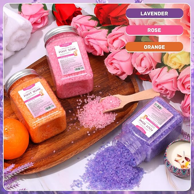 Himalayan Pink Salt Kit Pack of 2 Natural Foot Soak Salts Epsom Salt Essential Oils Lavender Orange Rose Scent Dead Sea Salt Moisturizing Skin Tea Tree Oil Foot Care Pedicure