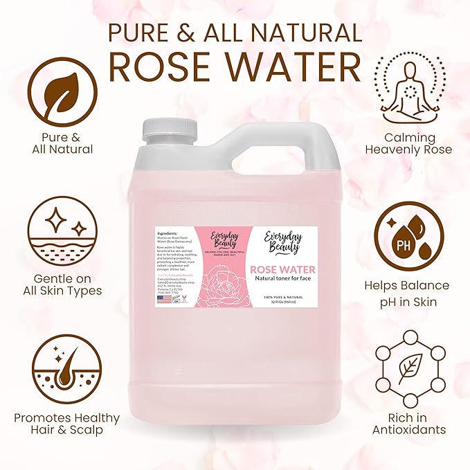 Rose Water Facial Toner - 32oz Bulk Alcohol-Free Vegan All Natural Refreshing for Face and Hair - Uplifts, Calming & Soothing for All Skin Types
