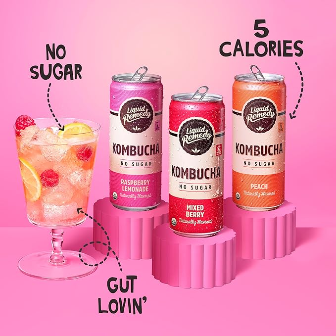 Liquid Remedy Kombucha Sugar Free Organic Drink, Low Calorie, Probiotic Like Tea for Gut Health - Fruity Faves Variety Pack - 8.5 Fl Oz Can, 12-Pack