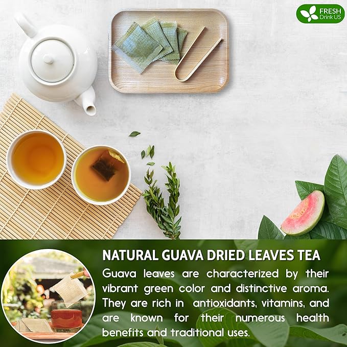 FreshDrinkUS, Premium 75 Guava Leaf Tea Bags, 100% Natural & Pure from Guava Leaves. Loose Leaf Guava Herbal Tea. Guava Leaf Tea. No Sugar, No Caffeine, No Gluten, Vegan.