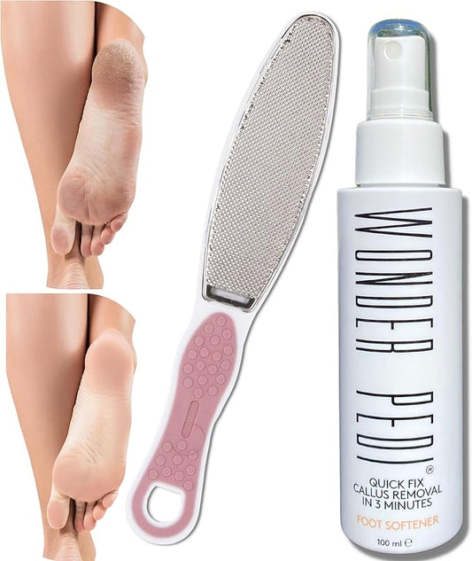 Made in Germany Double-Sided Metal and Emery Foot File - Heel Scraper & Cracked Feet Repair Instant Exfoliating Peel Foot Spray - Dead Skin Remover Cracked Heels Softener. Wonder Pedi