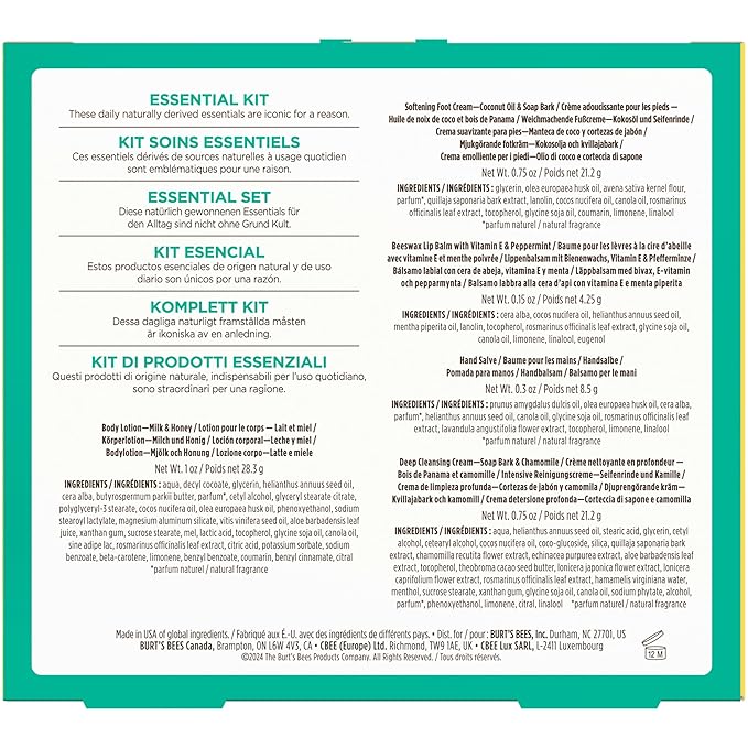 Burt's Bees Gift Ideas - Essentials Everyday Set, 5 Travel Size Products - Deep Cleansing Cream, Hand Salve, Body Lotion, Foot Cream and Original Lip Balm