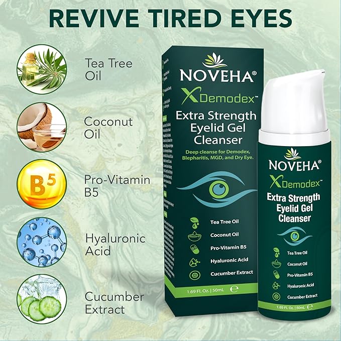 NOVEHA Demodex Extra Strength Eyelid Gel Cleanser - for Demodex, MGD and Dry Eye with Pro-Vitamin B5, Tea Tree Oil, and Hyaluronic Acid - Gentle Cleansing, Soothes Itchy Eyelid - 50mL (2 Pack)