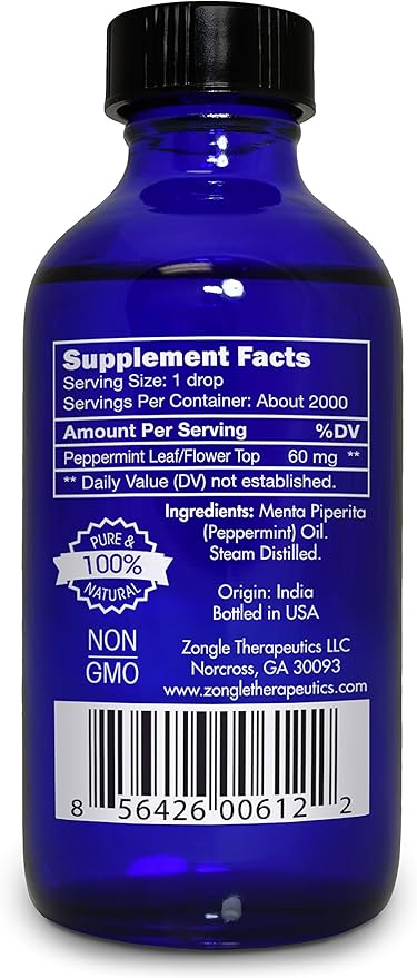 Peppermint Oil, Food Grade, Edible, for Digestion, IBS, Hair – 100% Pure, Peppermint Essential Oil, Mint Oil, Safe for Ingestion, by Zongle Therapeutics, 4 OZ