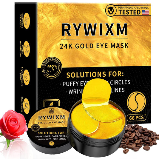 24K Gold Eye Masks for Dark Circles and Puffiness 66PCS, Under Eye Patches for Puffy Eyes Treatment, Under Eye Mask w/Caffeine, Hyaluronic Acid, Peptides for Eye Bags Treatment, Eye Mask Skincare