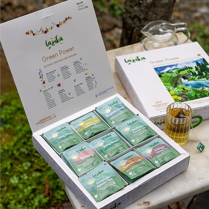 Lazika Green Tea Variety Pack with Lovely Presentation Box, 54 Counts, Green Tea Assortment Gift Set, Premium Collection with Pyramid Infuser Bag, Early Harvest, Handcrafted