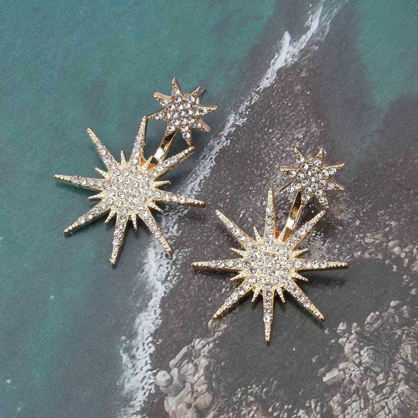 Starburst Jacket Earrings Gold Rhinestone Sun Earrings Front Back Studs Earrings Boho Celestial Earrings Jewelry for Women and Girls Gifts