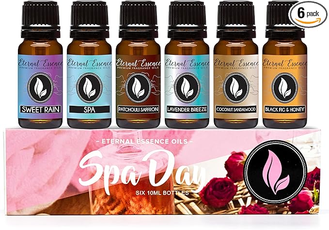 Eternal Essence Oils Spa Day Set of 6 Premium Fragrance Oils - Includes Lavender Breeze, Sweet Rain, Coconut Sandalwood, Black Fig & Honey, Patchouli Saffron, and Spa Scented Oils - 10ML
