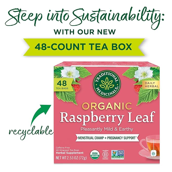 Traditional Medicinals Organic Raspberry Leaf Herbal Tea, Eases Menstrual Cramps & Supports Healthy Pregnancy - 48 Tea Bags