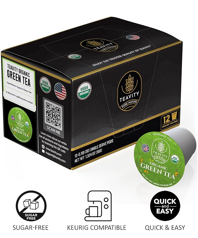 Organic Green Tea Pods for Keurig - Unsweetened Green Tea for K Cup Machines by Teavity (24 Tea Pods)
