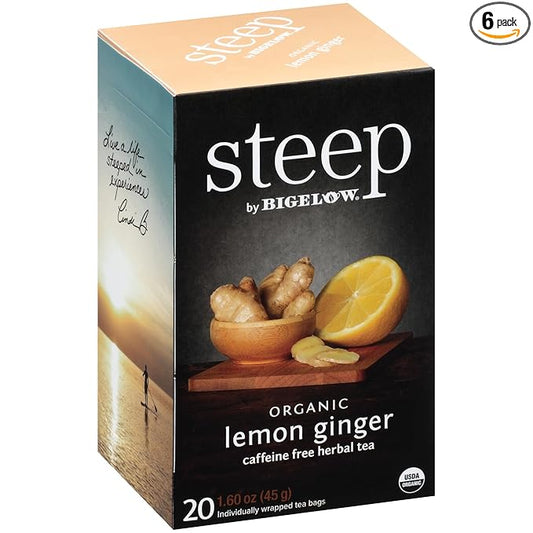 steep by Bigelow Organic Lemon Ginger Herbal Tea, Caffeine Free, 20 Count (Pack of 6), 120 Total Tea Bags
