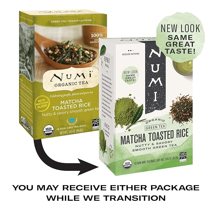 Numi Organic Tea Matcha Toasted Rice, 18 Count (Pack of 3) Box of Tea Bags, Green Tea (Packaging May Vary)