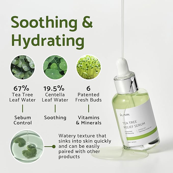iUNIK Tea Tree Relief Facial Serum & Propolis Vitamin C Face and Eye Cream Non-sticky Non-greasy Acne Redness Irritation Dullness Dark Spots Care Oily Sensitive Skin Vegan Korean Skincare