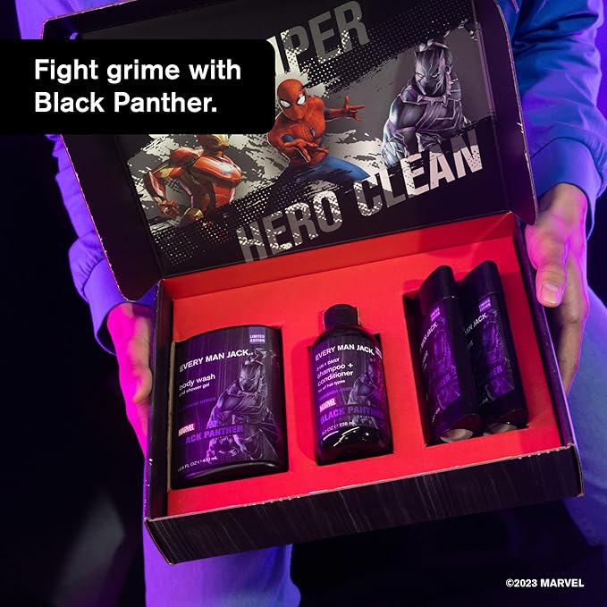 Every Man Jack Black Panther Body Set - Perfect for Every Guy & Marvel-Lover - Bath and Body Marvel Gift Set with Clean Ingredients & Incredible Scents - Includes Body Wash, Shampoo & Deodorant 2-Pack