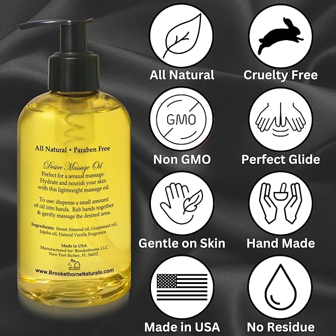 Desire Sensual Massage Oil for Date Night | Best Massage Oil for Couples | All Natural with Sweet Almond, Grapeseed & Jojoba for Smooth Glide & Moisturized Skin 8oz