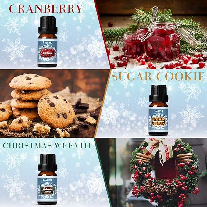 SALKING Winter Set of Scented Oils, Premium Fragrance Essential Oils Gift Set for Diffuser, Soap & Candle Making Scents - Cinnamon, Christmas Wreath, Sugar Cookie, Cranberry, Peppermint, Gingerbread