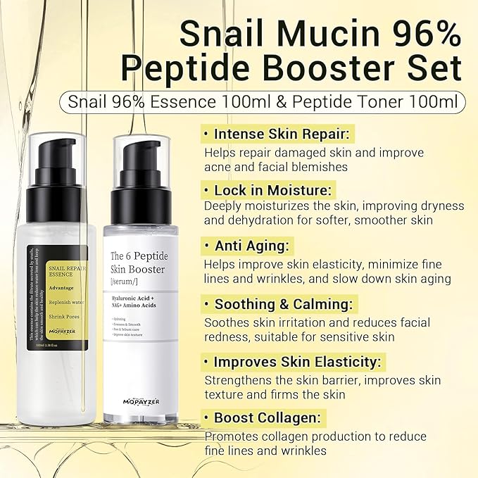 Snail Mucin 96% Peptide Booster Set, Snail Mucin Skin Booster Collagen Serum for Women Repairs Fine Lines & Wrinkles, Advanced Snail 96 Mucin Power Essence, Skin Care Gift Set for Hydrating & Soothing
