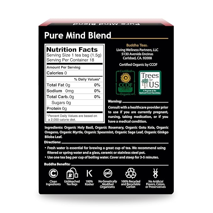 Buddha Teas - Organic Pure Mind Blend - Herbal Tea - For Health & Wellbeing - With Antioxidants & Minerals - Clean Ingredients - Caffeine Free - OU Kosher & Non-GMO - 18 Tea Bags (Pack of 1)