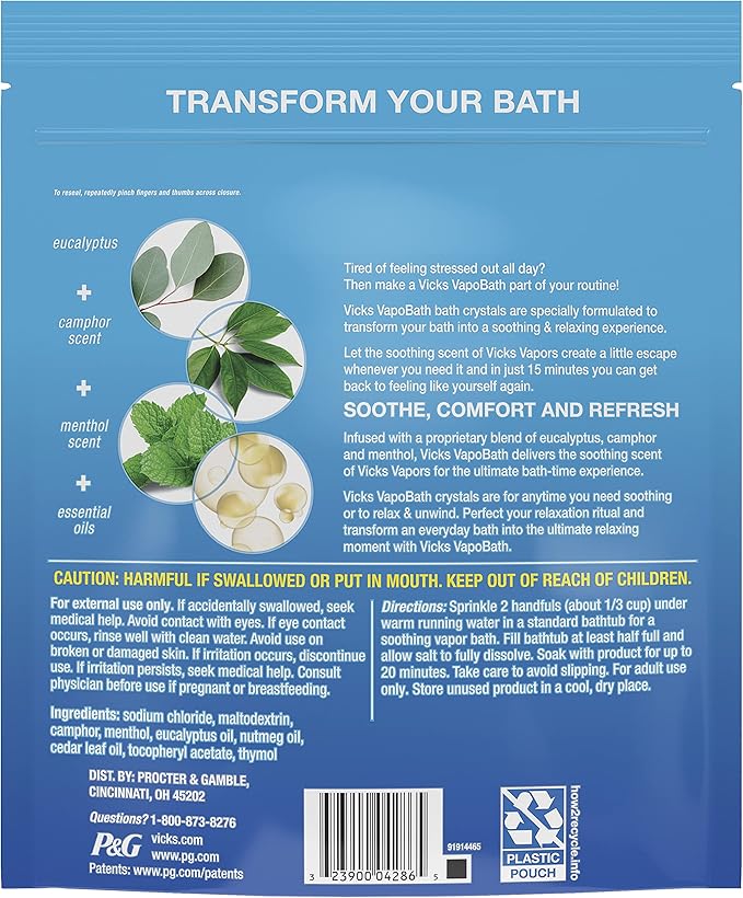 Vicks VapoBath, Bath Salts, Bath Bomb, Non-Medicated Bath Crystals, Comforting Vicks Vapors, Vapor Bath, Aromatherapy with Eucalyptus and Menthol Scent, Contains Essential Oils, 36 OZ