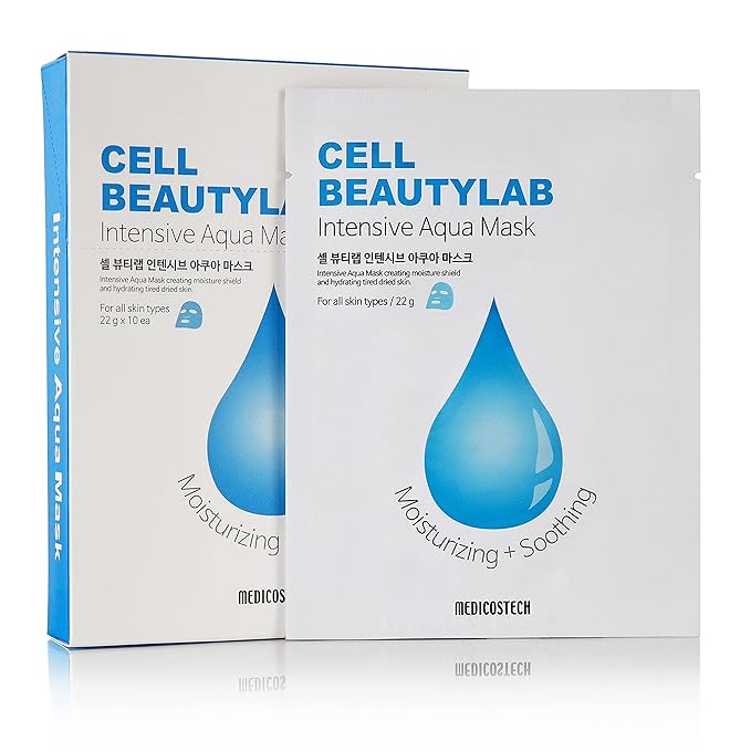 Intensive Aqua Mask 10 Pack | Hydrating, Moisturizing and Soothing Face Sheet Mask for All Skin Types | With Hyaluronic Acid, Panthenol, Shea Butter, Jojob Oil, Witch Hazel