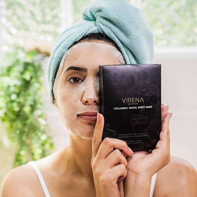 Collagen+ Facial Sheet Mask 5p, 100% Cotton, Hydrolysed Collagen, Hyalurnonic Acid, Vitamin C, Nourishes and Moisturizes Skin, Alcohol Free