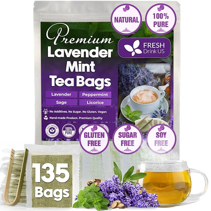 FreshDrinkUS, Premium 135 Tea Bags Lavender Mint Tea, 100% Natural, Blend of Lavender, Peppermint, Sage and Licorice. Made with Natural Material Tea Bags. No Sugar, No Caffeine, Vegan.