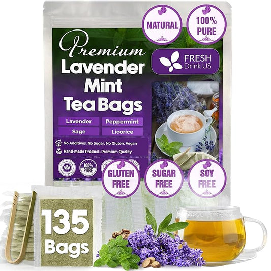 FreshDrinkUS, Premium 135 Tea Bags Lavender Mint Tea, 100% Natural, Blend of Lavender, Peppermint, Sage and Licorice. Made with Natural Material Tea Bags. No Sugar, No Caffeine, Vegan.
