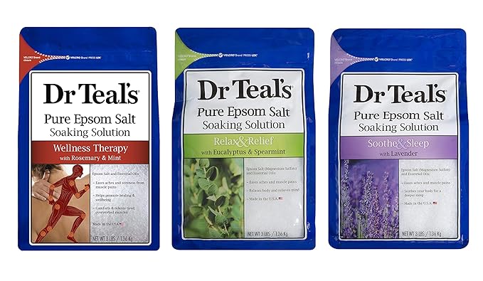 Dr. Teal's Pure Epsom Salt Soaking Solution Gift Set (3 Pack, 3lbs ea.) - Soothe & Sleep Lavender, Relax & Relief Eucalyptus with Spearmint, Wellness Therapy with Rosemary & Mint