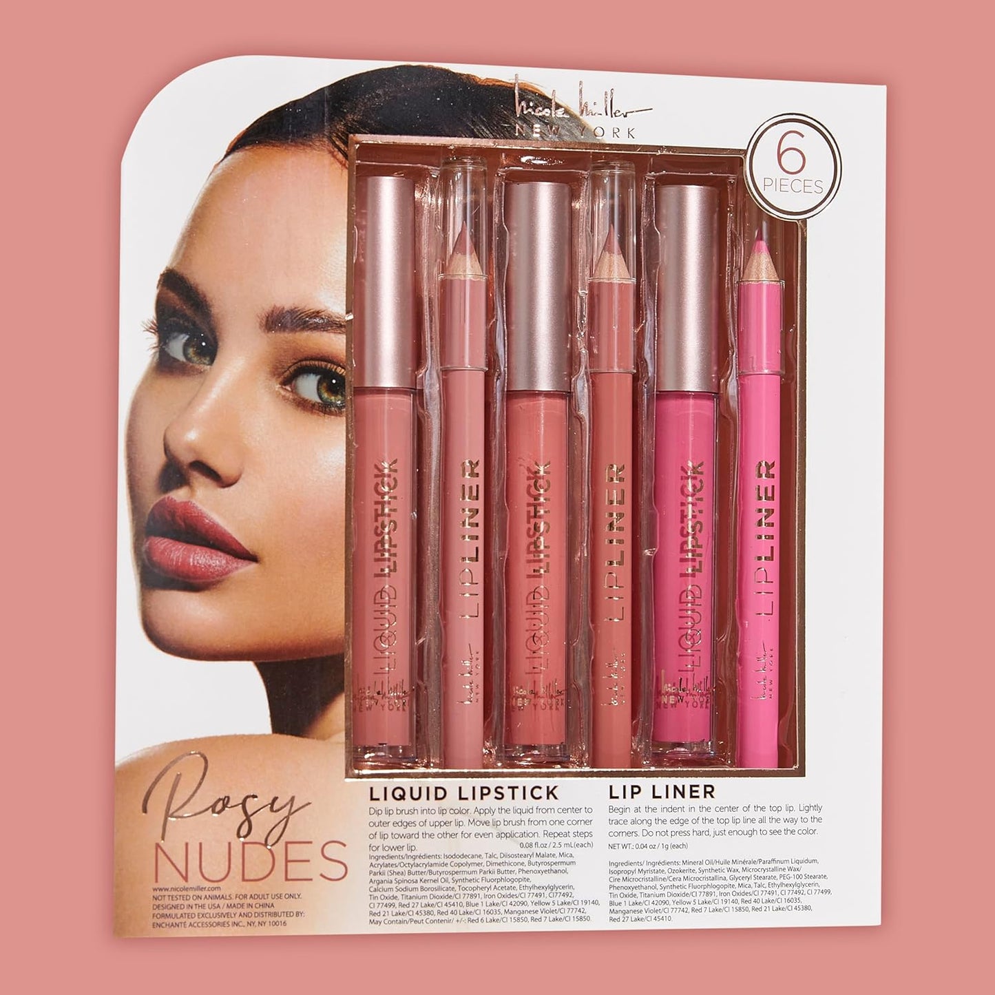Nicole Miller Rosy Nudes Lip Collection | 6 Piece Set | 3 Luxurious Lip Liners & 3 Liquid Lip Sticks in Light Rose, Rosy Mauve, and Deep Peach