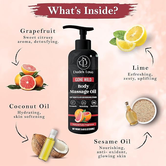 Organic - Grapefruit Full Edible Body Massage Oil - Refreshing, Calming | No Stain & Non-Sticky | with Fractionated Coconut Oil, Grapefruit & Lime Oil - 8.45 Fl Oz