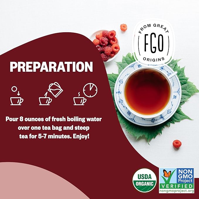 FGO Organic Red Raspberry Leaf Tea Bags, 100 Eco-Conscious Tea Bags, Caffeine Free, Imported from Germany, Reseable Bag, Packaging May Vary (Pack of 1)