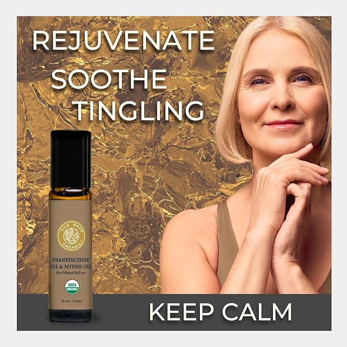 Silk Road Organic Frankincense Oil & Myrrh Essential Oil Roll On, 100% Pure USDA Certified Aromatherapy for Body Aches, Stiffness & Tingling, Stress Relief, & Skin - 10 ml Roller