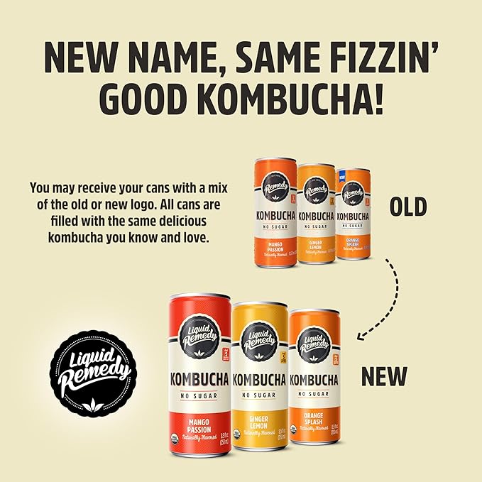 Liquid Remedy Kombucha Sugar Free Organic Drink, Low Calorie, Probiotic Like Tea for Gut Health - Tropical Trio Variety Pack - 8.5 Fl Oz Can, 12-Pack