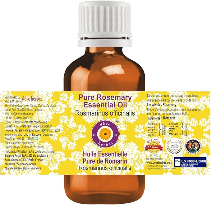 Deve Herbes Pure Rosemary Essential Oil (Rosmarinus officinalis) Steam Distilled 30ml (1 oz)