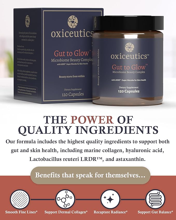 Gut to Glow – 120 Capsules - Probiotics for Skin - Supports Skin’s Youthful Appearance with Marine Collagen, hyaluronic Acid & astaxanthin