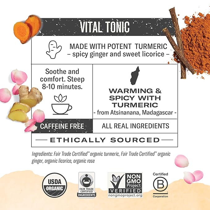 Numi Organic Three Roots Turmeric Tea Bags, 15 Tea Bags, Turmeric Tea with Ginger, Licorice, Rose, Caffeine Free