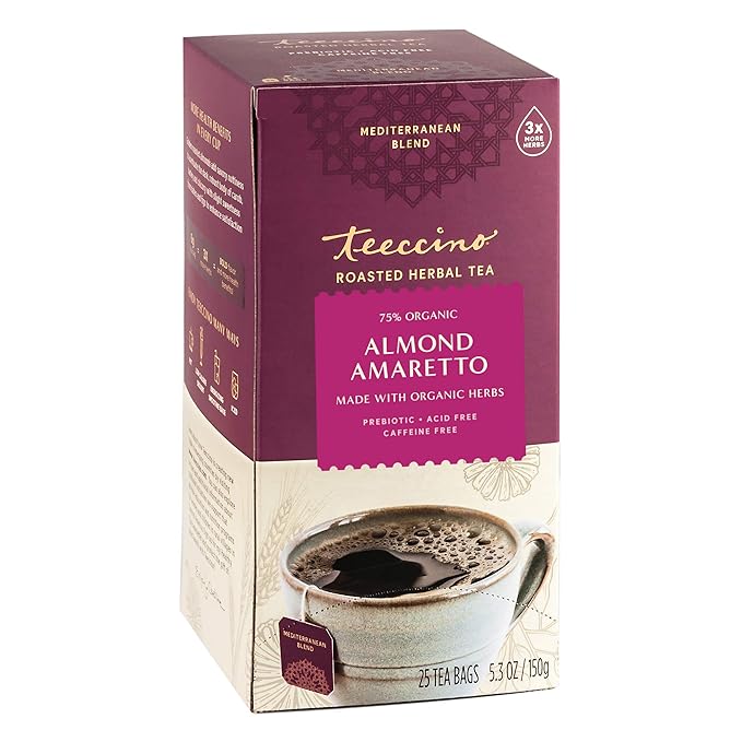 Teeccino Herbal Tea - Almond Amaretto - Rich & Roasted Herbal Tea That's Caffeine Free & Prebiotic for Natural Energy, 25 Tea Bags