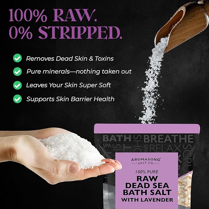 Aromasong RAW Dead Sea Salt with 100% Natural Lavender, 5 Lb, Not Cleaned, Still Contains All Dead Sea Minerals Including Dead Sea Mud, Fine Medium Grain Large Resealable Pack. (Packaging May Vary)