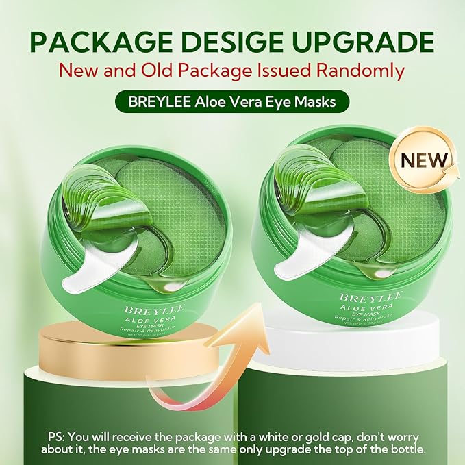BREYLEE Aloe Vera Eye Masks - 60 Pcs - Reduce Puffy Eyes & Dark Circles, Firm & Improve Under Eye Skin, Pure Natural Extracts for Youthful Appearance & Reduction of Fine Lines and Wrinkles.