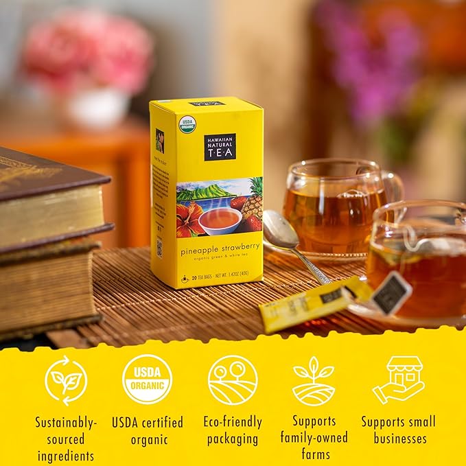 Hawaiian Natural Pineapple Strawberry Flavored Organic Tea - Tropical Fruit Green And White Tea, Perfect Daily Cup & Gift - 20 Bags