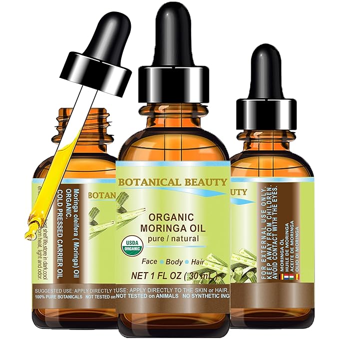 Botanical Beauty‎ Organic Moringa Oil 100% Pure Natural Undiluted 1 Fl.oz.- 30 ml. for Face Skin, Hair, Lips, Body, Nails Rich in Vitamin C, Vitamin E