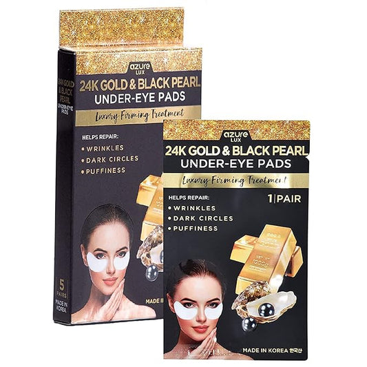 Azure Cosmetics 24K Gold & Black Pearl Luxury Firming Under Eye Pads - Moisturizing & Restoring Eye Mask Patches - Reduces Fine Lines, Wrinkles, Dark Circles & Puffiness - Made in Korea - 5 Pairs