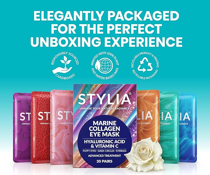 Stylia Under Eye Patches for Puffy Eyes and Dark Circles (6 Pairs) - Marine Collagen Under Eye Mask with Vitamin C, Hyaluronic Acid, Pearl Extract - Eye Masks for Dark Circles and Puffiness